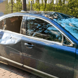 Uszkodzone Volvo po zderzeniu z łosiem stoi przy lesie.